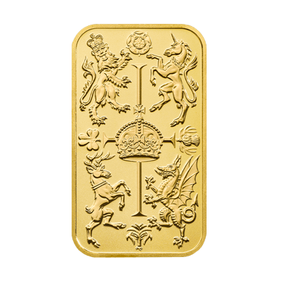 A picture of a 1 oz Gold Bar - The Royal Mint Celebration Bar